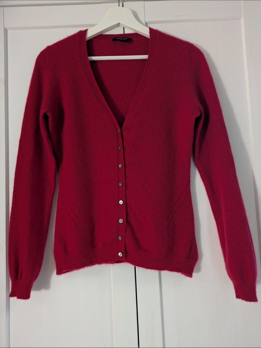 100% Cashmere Red V-Neck Button-Up Cardigan Jessica Size M Romantic|Cottagecore